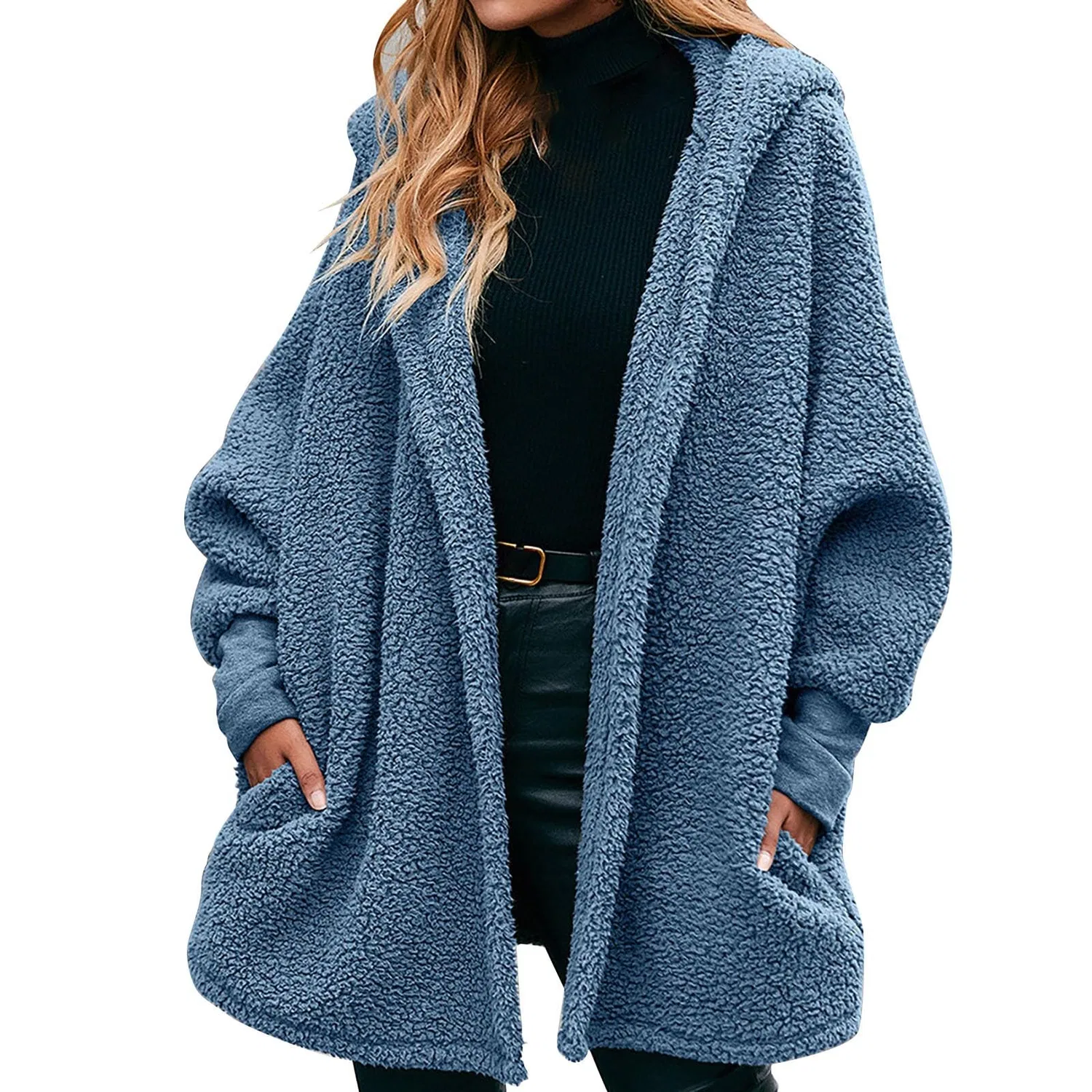 Женское зимнее пальто с капюшоном из шерсти и хлопка, blue