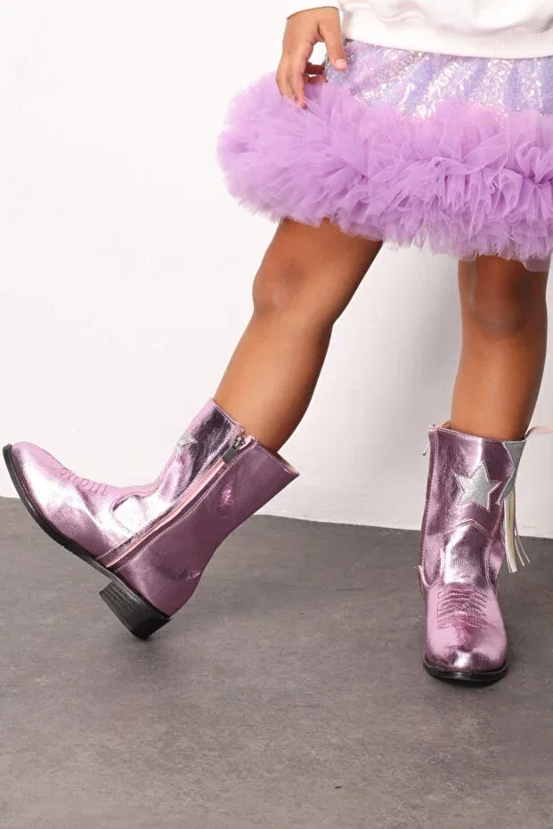 Детские ботинки для девочек с принтом Pink Star And Tassel Detailed Girls' Cowboy Boots Generic Brands, Pink — фото 3