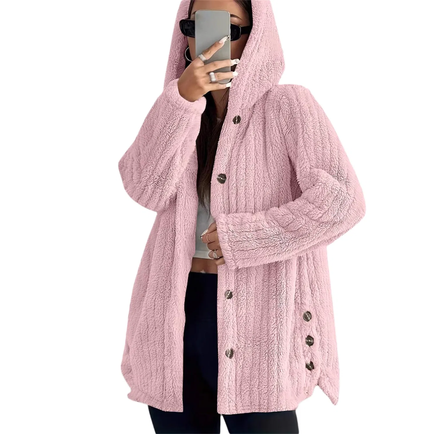 Женское пальто из мягкого флиса с капюшоном и пуговицами, rosa