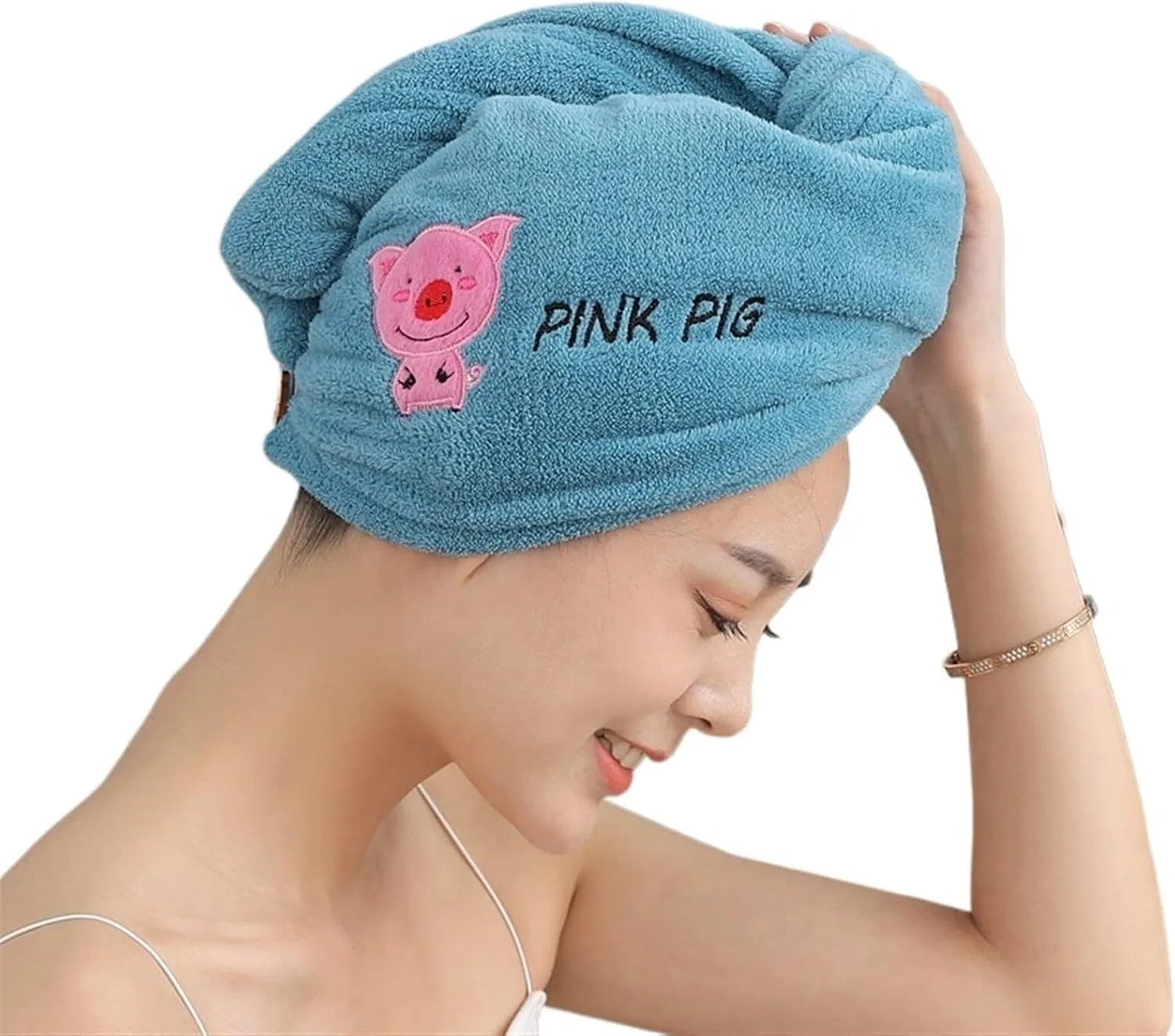 Шапочка для сушки волос с вышивкой, TYNXK, 1 шт, 25x65 см, Pig Blue