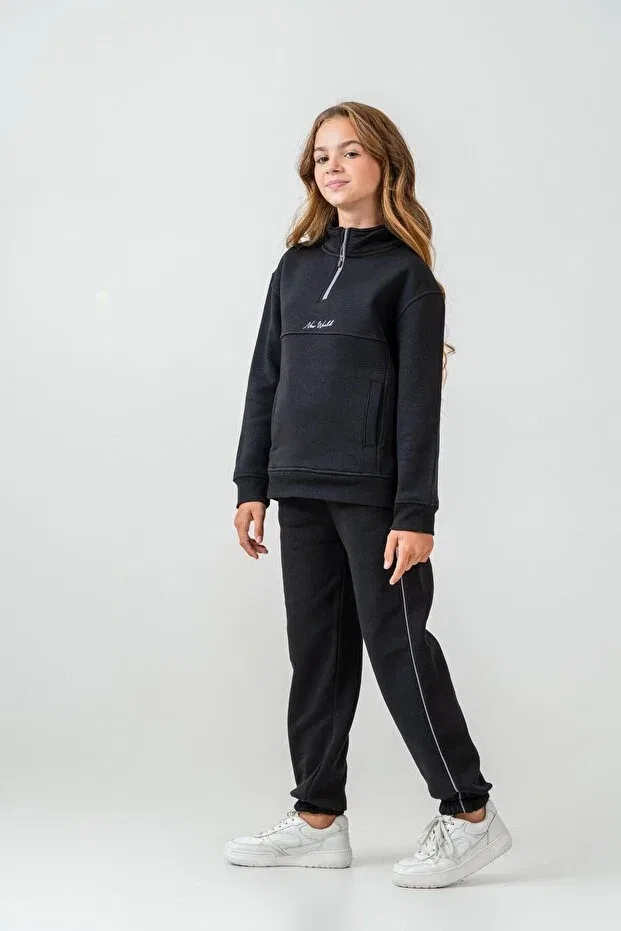 Детский комплект спортивного костюма для девочек с вышивкой New World Embroidered Mışıl Kids, Black — фото 2