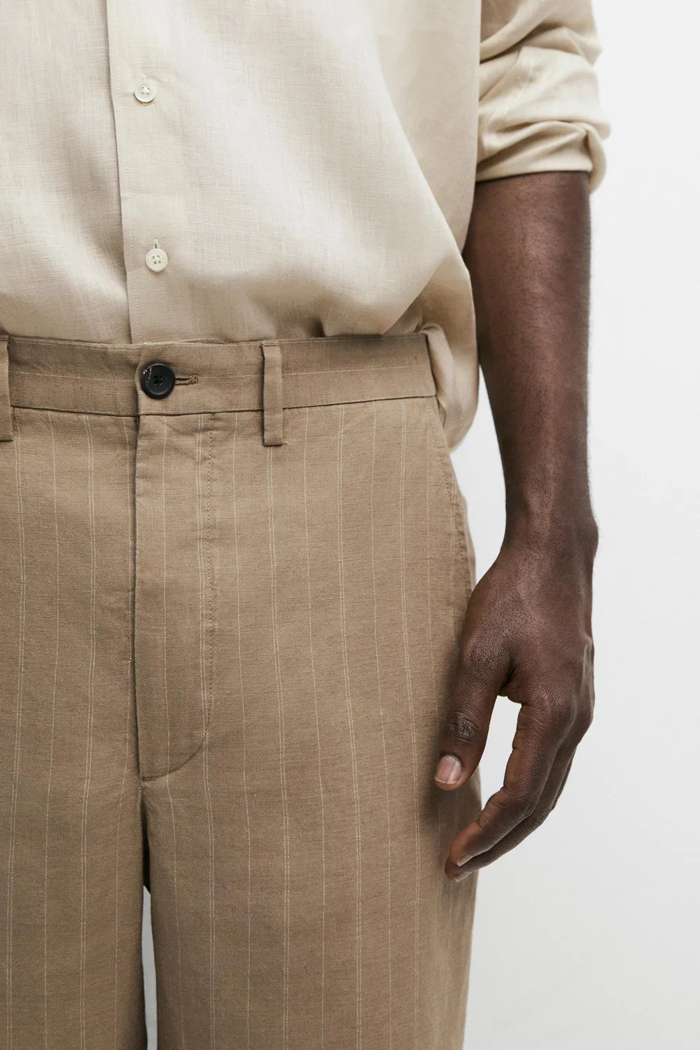 Полосатые брюки из 100% льна Massimo Dutti, бежевый — фото 4