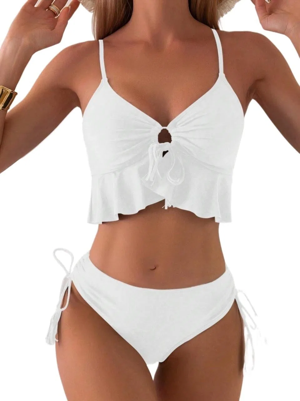 Женский бикини-сет с завязками на высокой талии, Solid Color, White