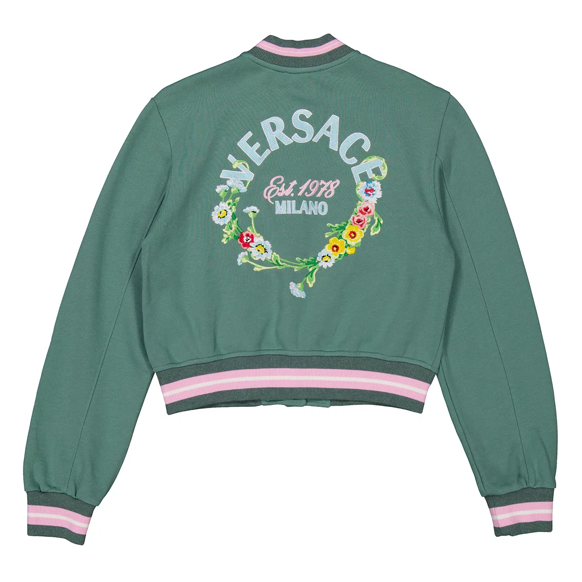 Детская куртка-бомбер с вышивкой Girls Embroidered Floral Swirl Kids Jacket Young Versace, Salvia Multicolor — фото 2