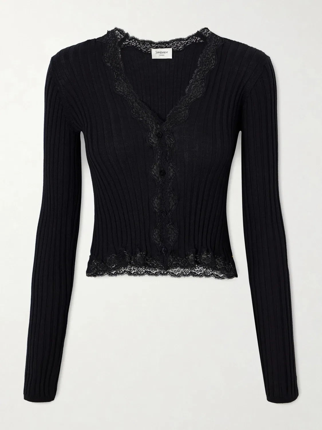 Кардиган из шерсти, кашемира и шелка в рубчик с кружевной отделкой Saint Laurent, черный
