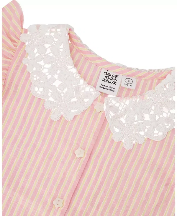 Детская рубашка для девочек без рукавов Crochet Collar Stripes Sleeveless Shirt Deux Par Deux, Pink/Yellow Stripes — фото 3