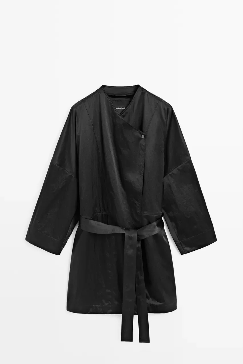 Tренч Massimo Dutti Flowing Kimono With Tie Detail, черный
