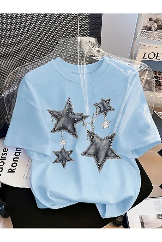 Детская футболка для девочек с принтом Y2K aesthetic denim star detailed short sleeve t-shirt Let'S Wear, Blue