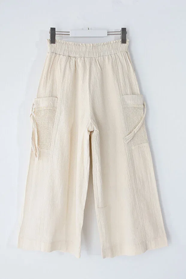 Детские брюки для девочек широкие с принтом Krinkıl Wide Leg Girls' Trousers Dobakids, Ecru