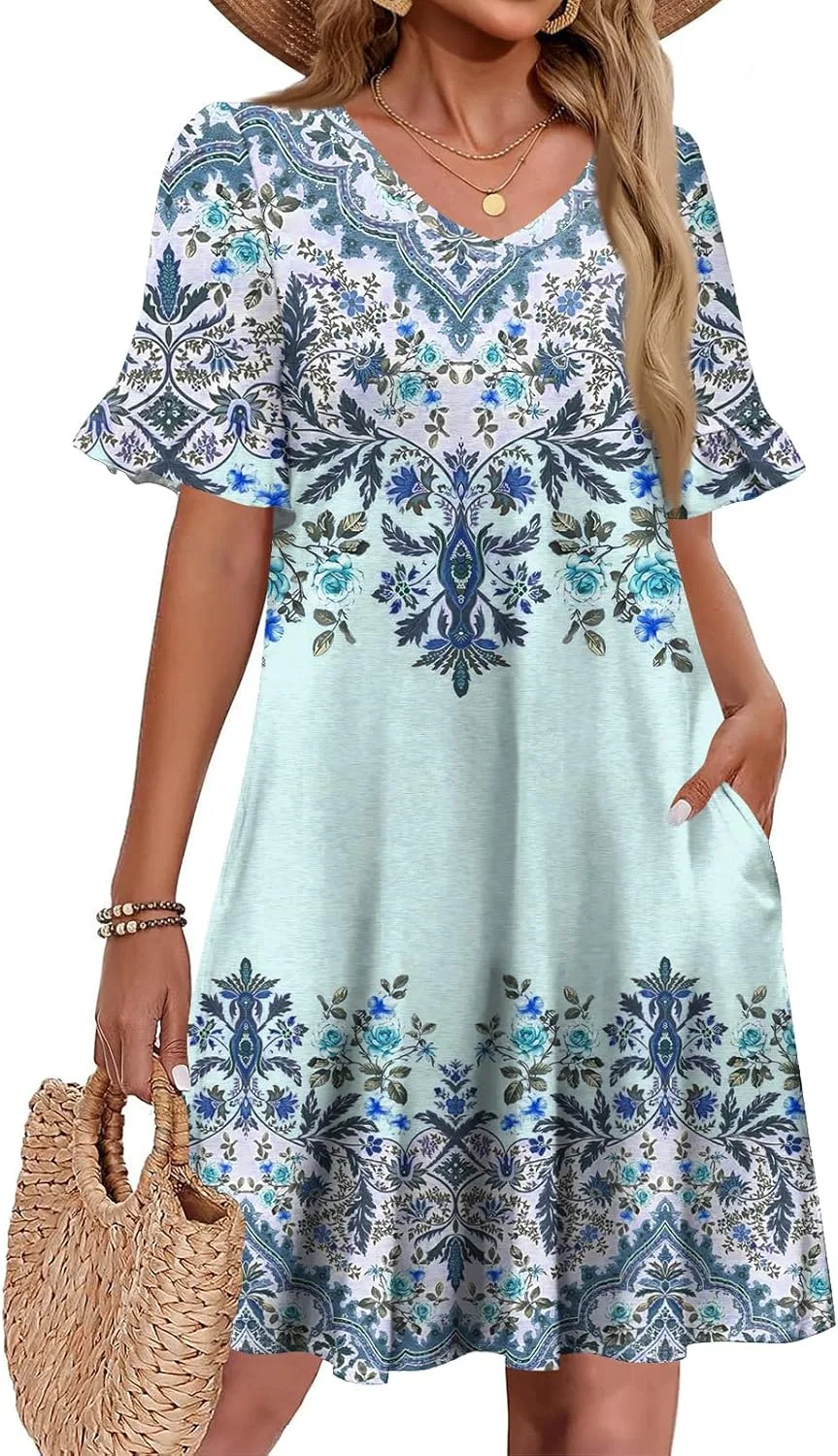 Женское летнее платье с воланами и карманами A-line V-neck, Sky Blue — фото 3