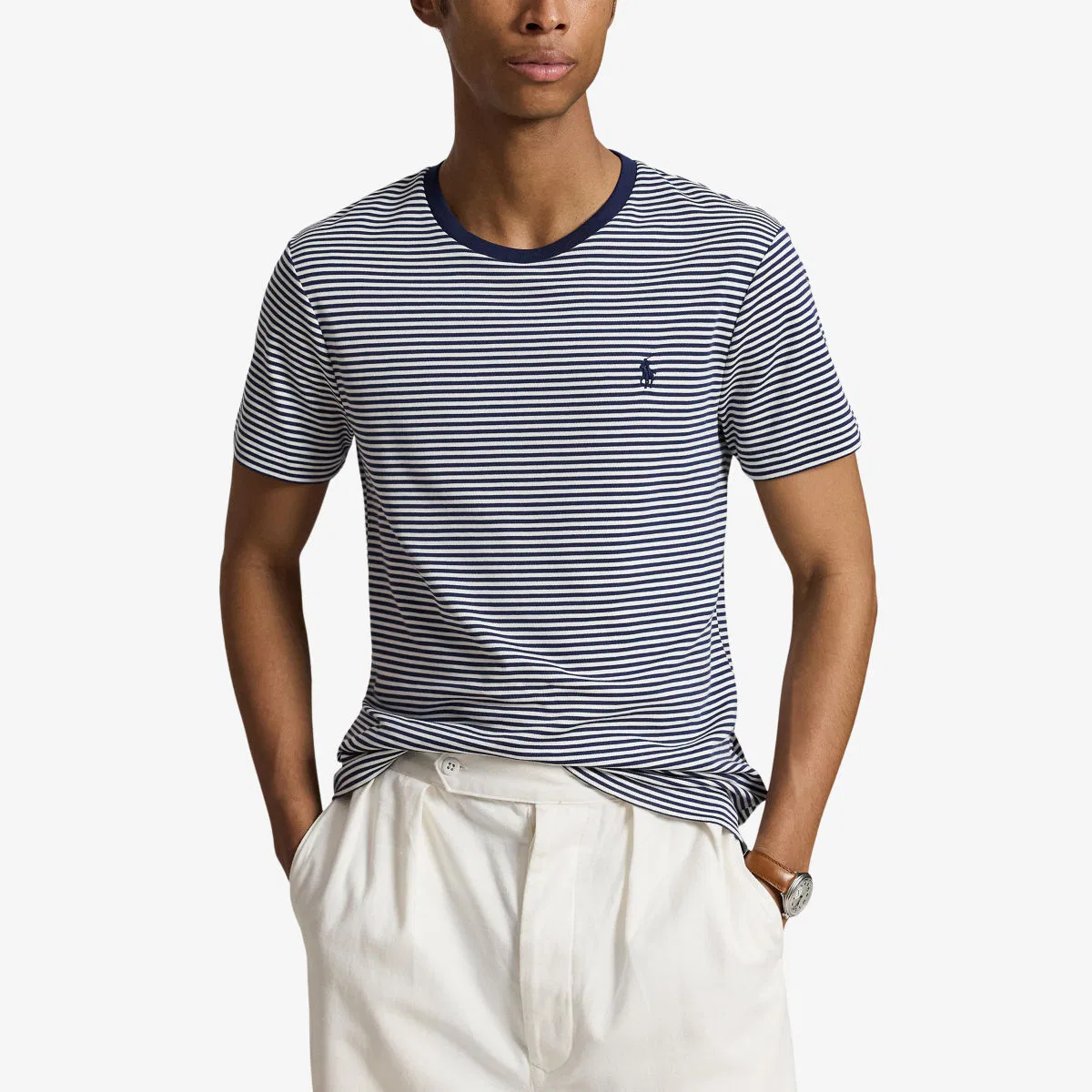 Хлопковая футболка в полоску с вышитым логотипом Polo Ralph Lauren, белый/темно-синий — фото 3