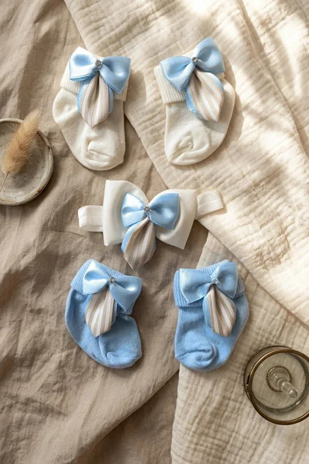 Детский комплект носков с бантом и банданой Babydonat, Blue & White
