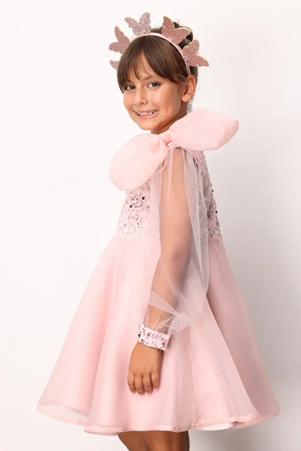 Детское платье для девочек с пайетками Powder Bow Detailed Sequin Girls' Dress - Wendy Le Mabelle, Powder — фото 4