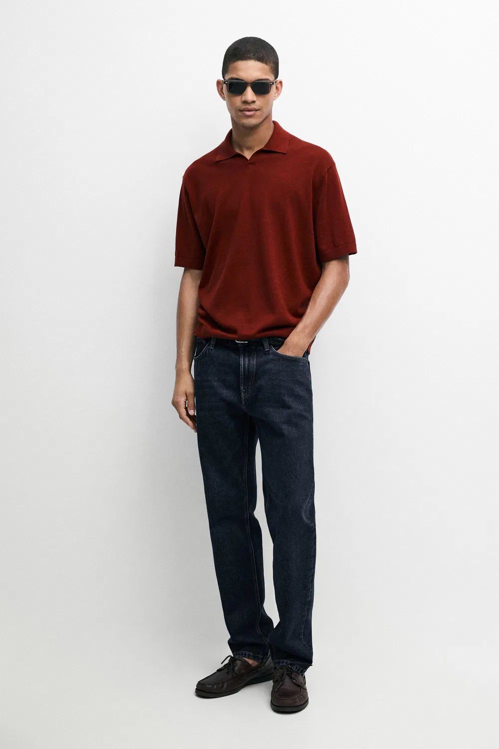 Рубашка поло Massimo Dutti, трикотажная, с V-образным вырезом, Copper