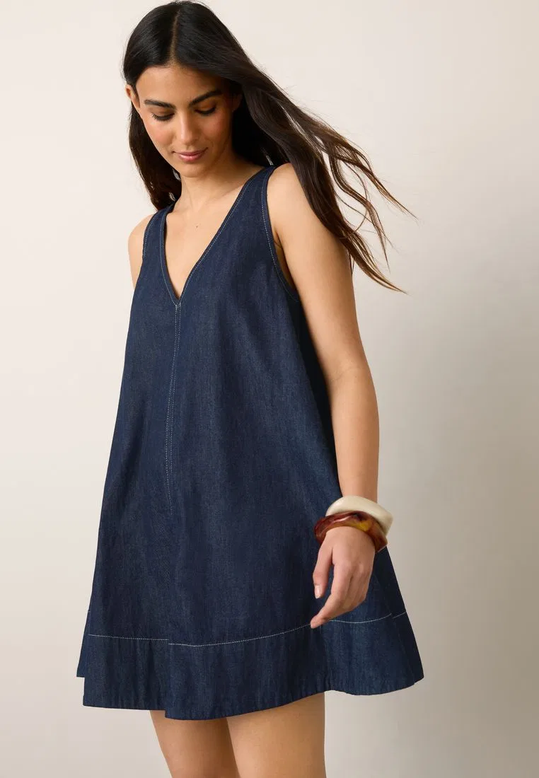 Платье мини, джинсовое, V-образный вырез Next, темно-синий