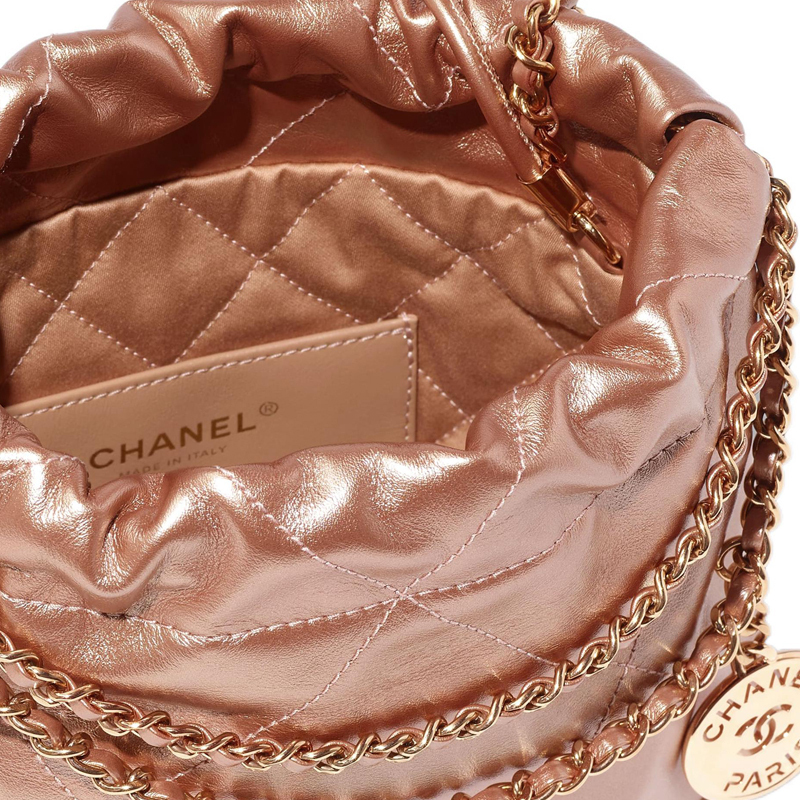 CHANEL Сумка-ведро из металлизированной телячьей кожи миниатюрная женская медная розовая — фото 4