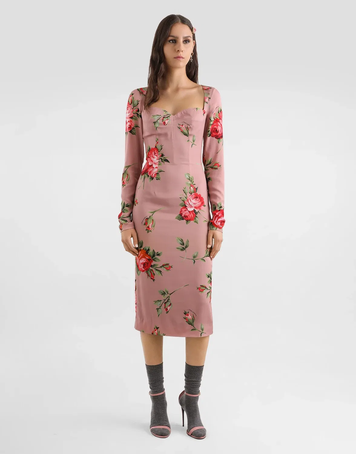 Платье-футляр с принтом "букет роз" DOLCE & GABBANA, мультицвет — фото 2