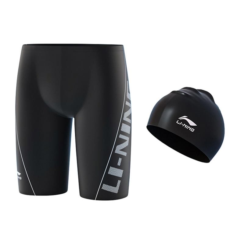 

LiNing Плавательные шорты мужские черные, комплект (шорты для плавания миди + шапочка для плавания)