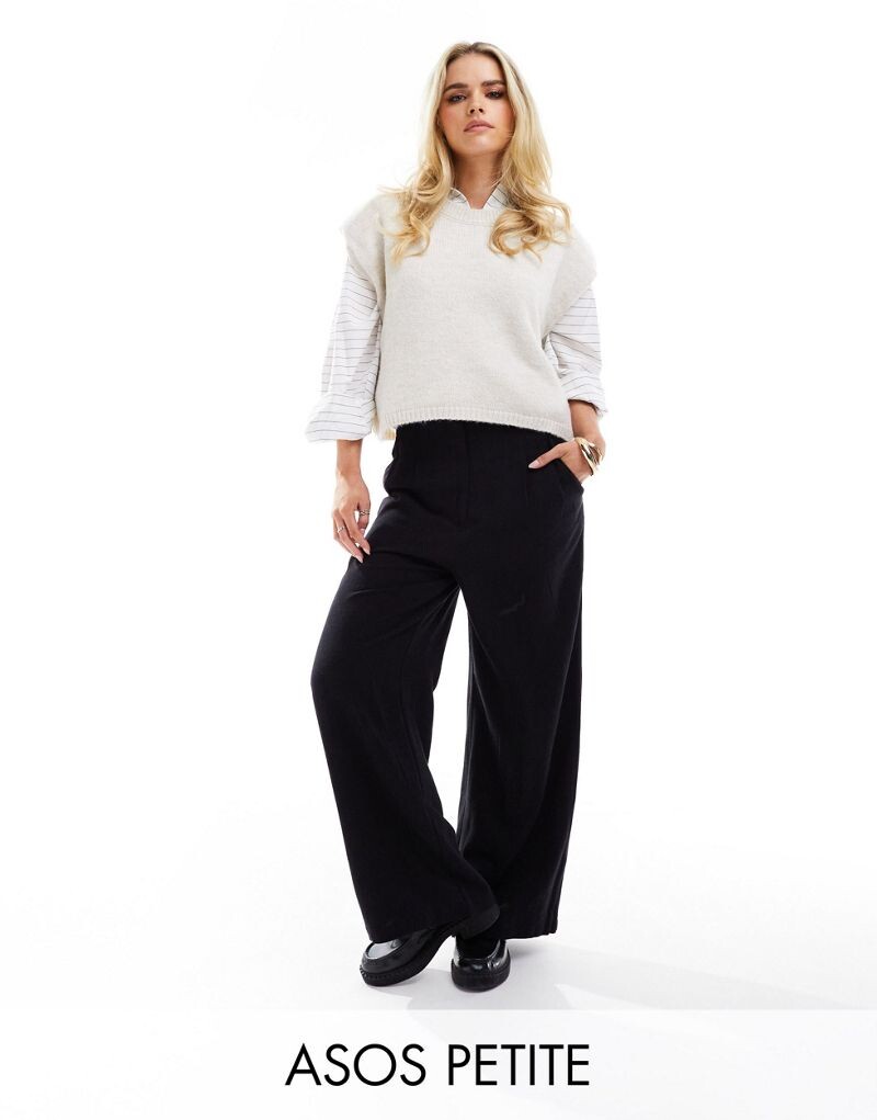 

Черные брюки с завышенной талией из смесового льна ASOS DESIGN Petite с декоративной строчкой