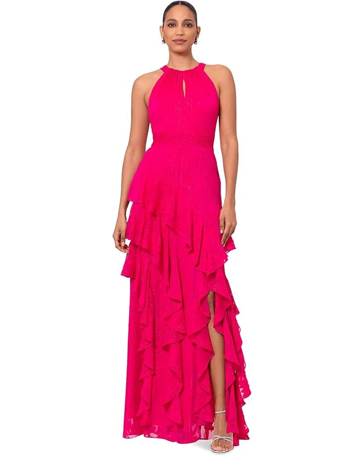 

Платье XSCAPE Long Metallic Chifon Tiered Ruffle, розовый