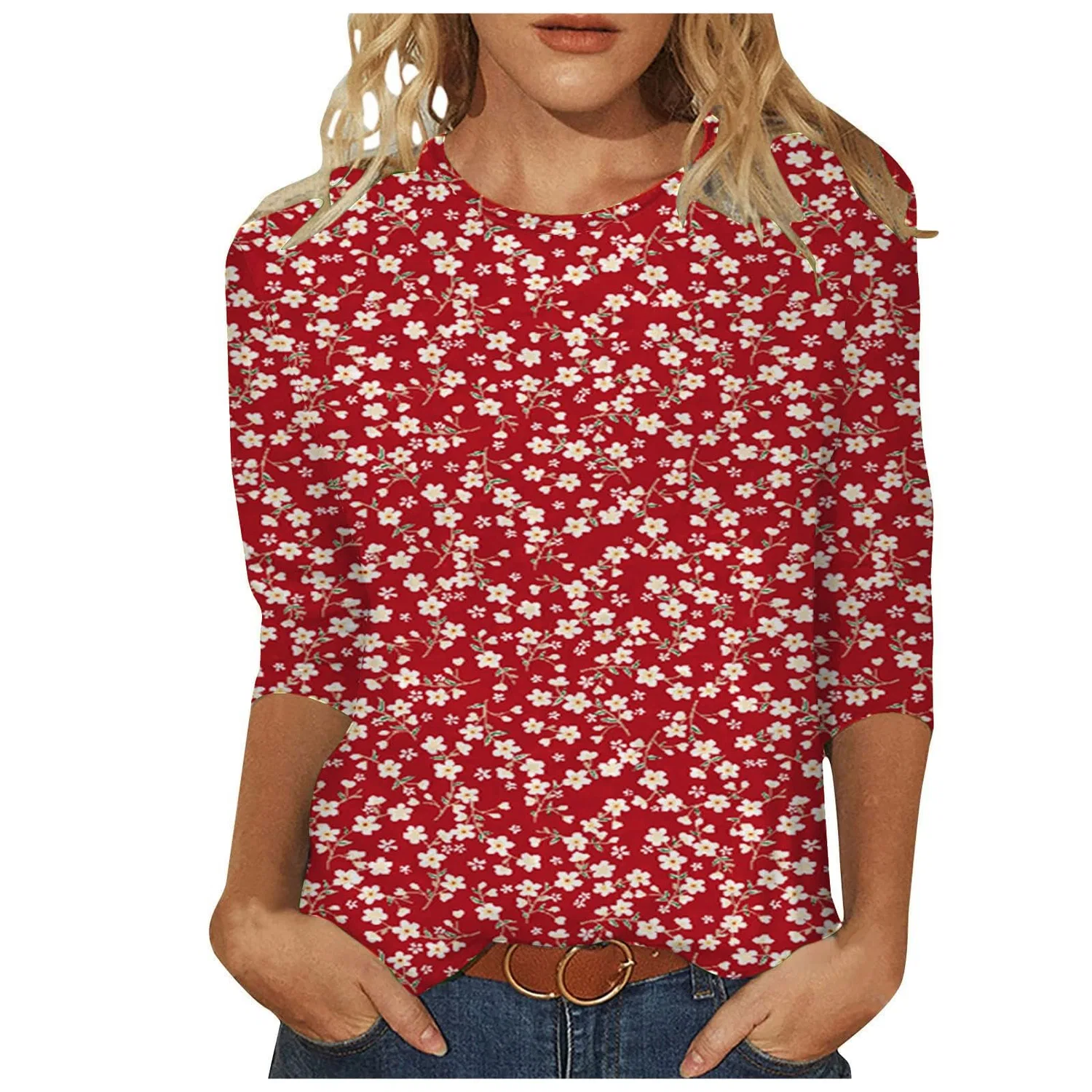 Женская футболка с принтом Plus Size T-Shirts 3/4 Sleeves, Red #1