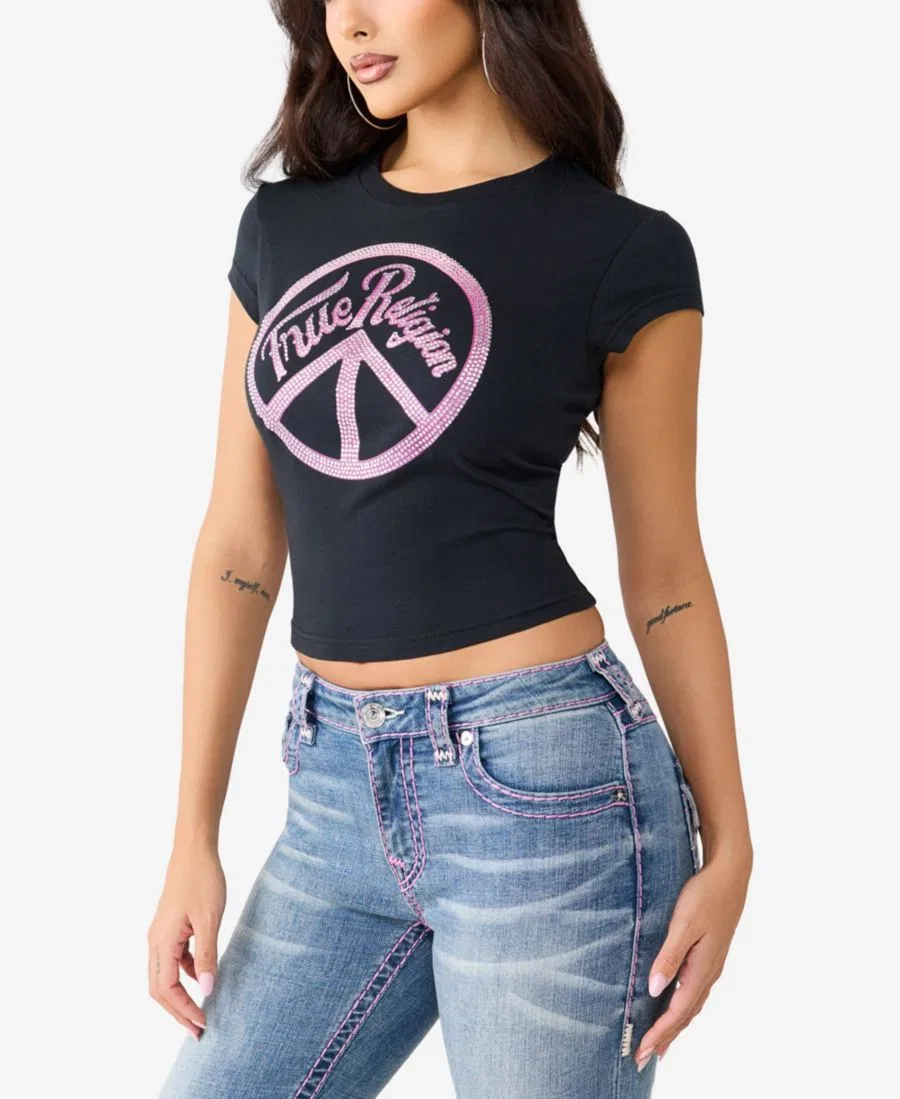 Футболка укороченная с кристаллами и принтом Мир True Religion, Jet Black — фото 2