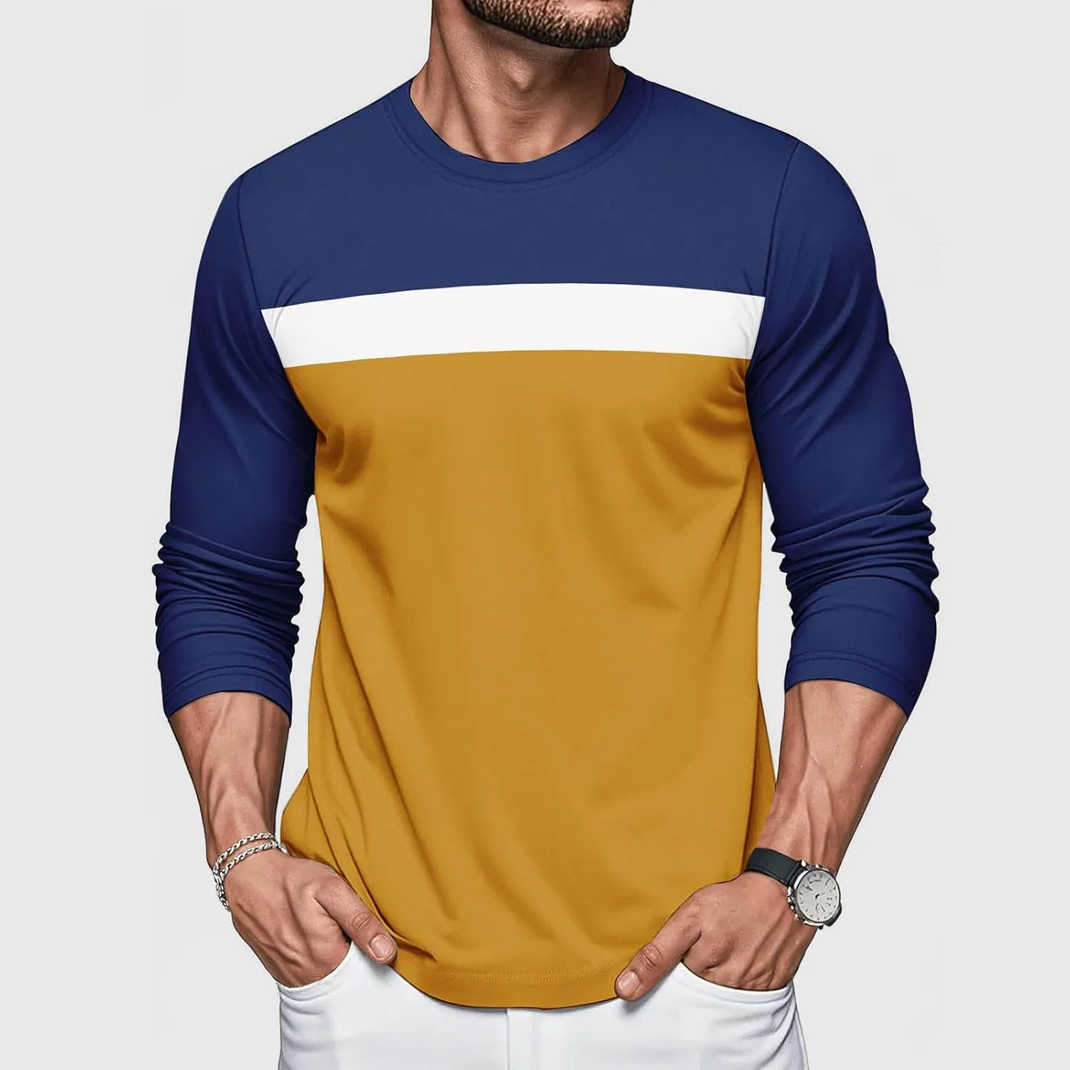 Мужская футболка с длинным рукавом цветблок Casual, Yellow — фото 2