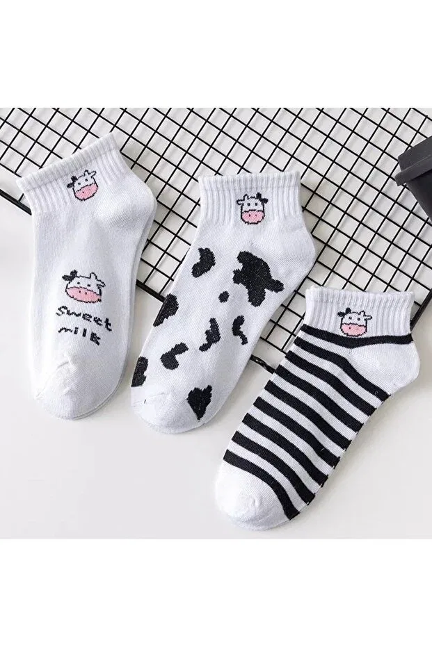 Детские носки с принтом Pack of 5 unisex cow patterned cotton ankle socks Worthy Socks, White, Black — фото 4
