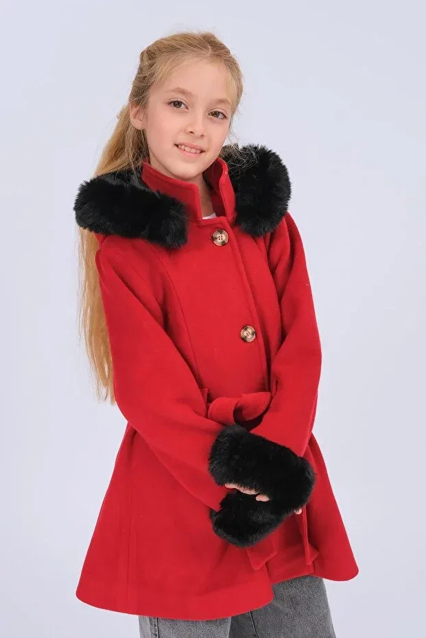 Детское пальто для девочек с капюшоном Fur Detailed Hooded Belted Cashmere Coat Perendi, Red — фото 2