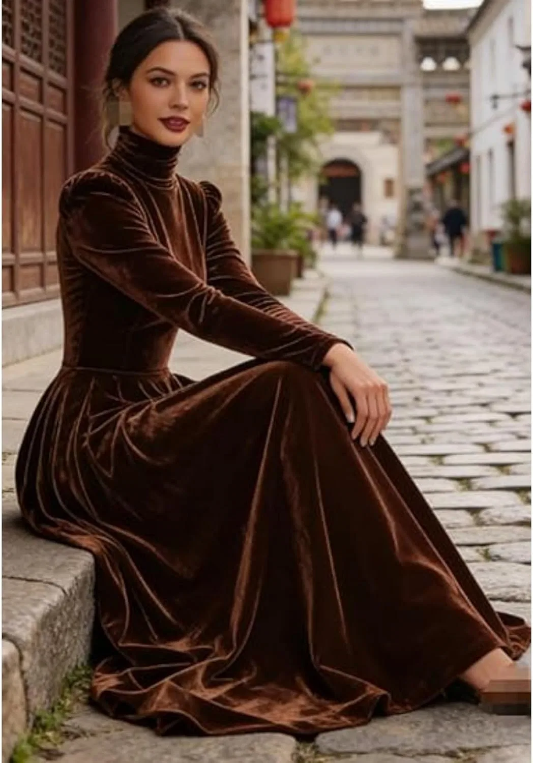 Женское бархатное платье макси с высоким воротом, Caramel — фото 4