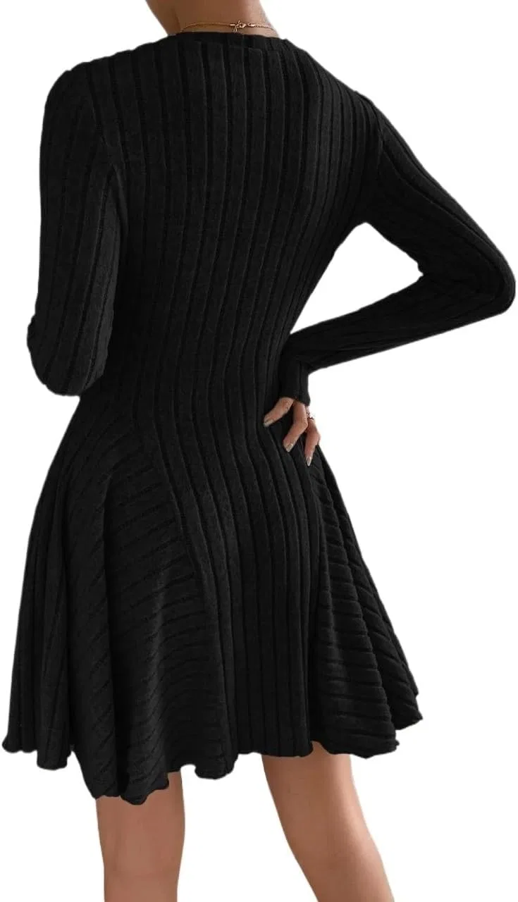 Женское короткое A-силуэта платье с длинным рукавом Rib Knit, Black — фото 2
