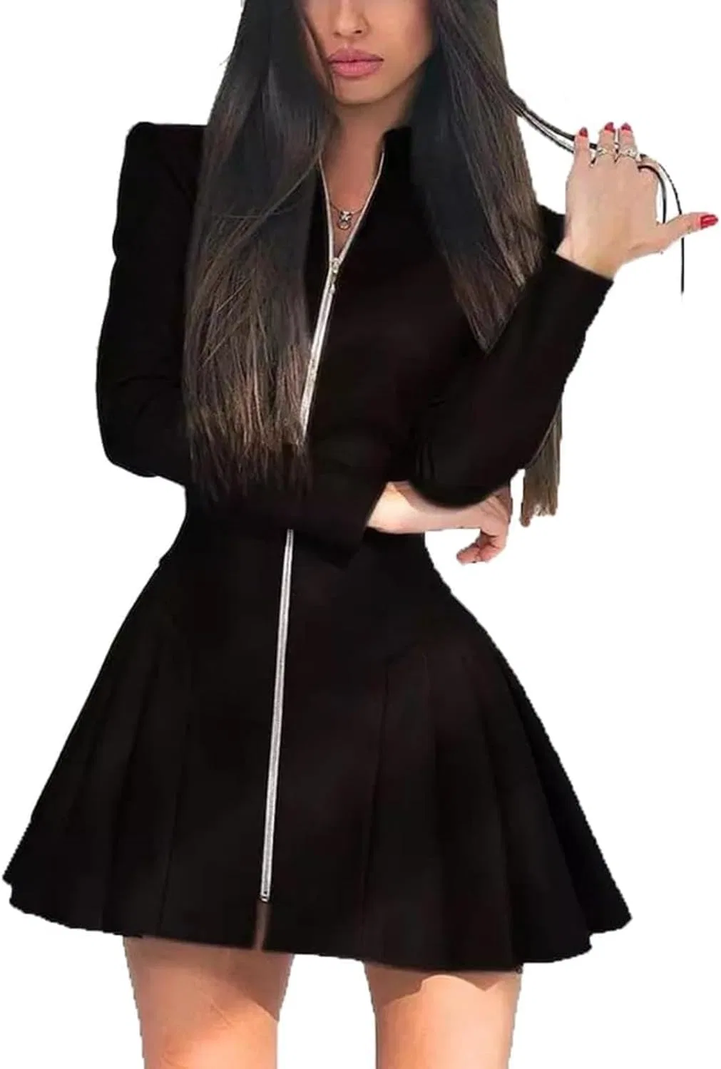 Женское платье из кожзаменителя с воротником-стойкой Zip Front Dress, Black