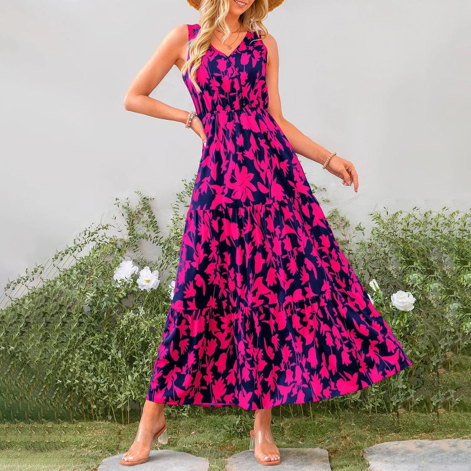 Женское летнее платье макси A-line V-образным вырезом, Hot Pink — фото 2