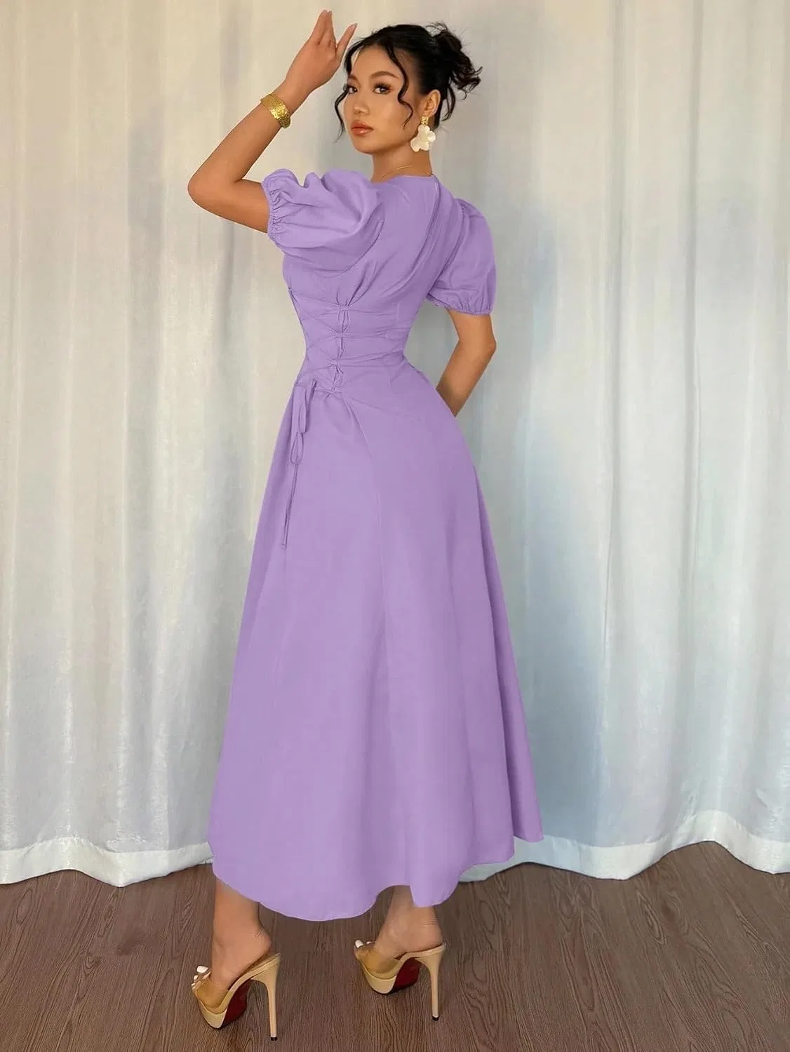 Женское повседневное платье миди с завязками A Line, Mauve Purple — фото 2