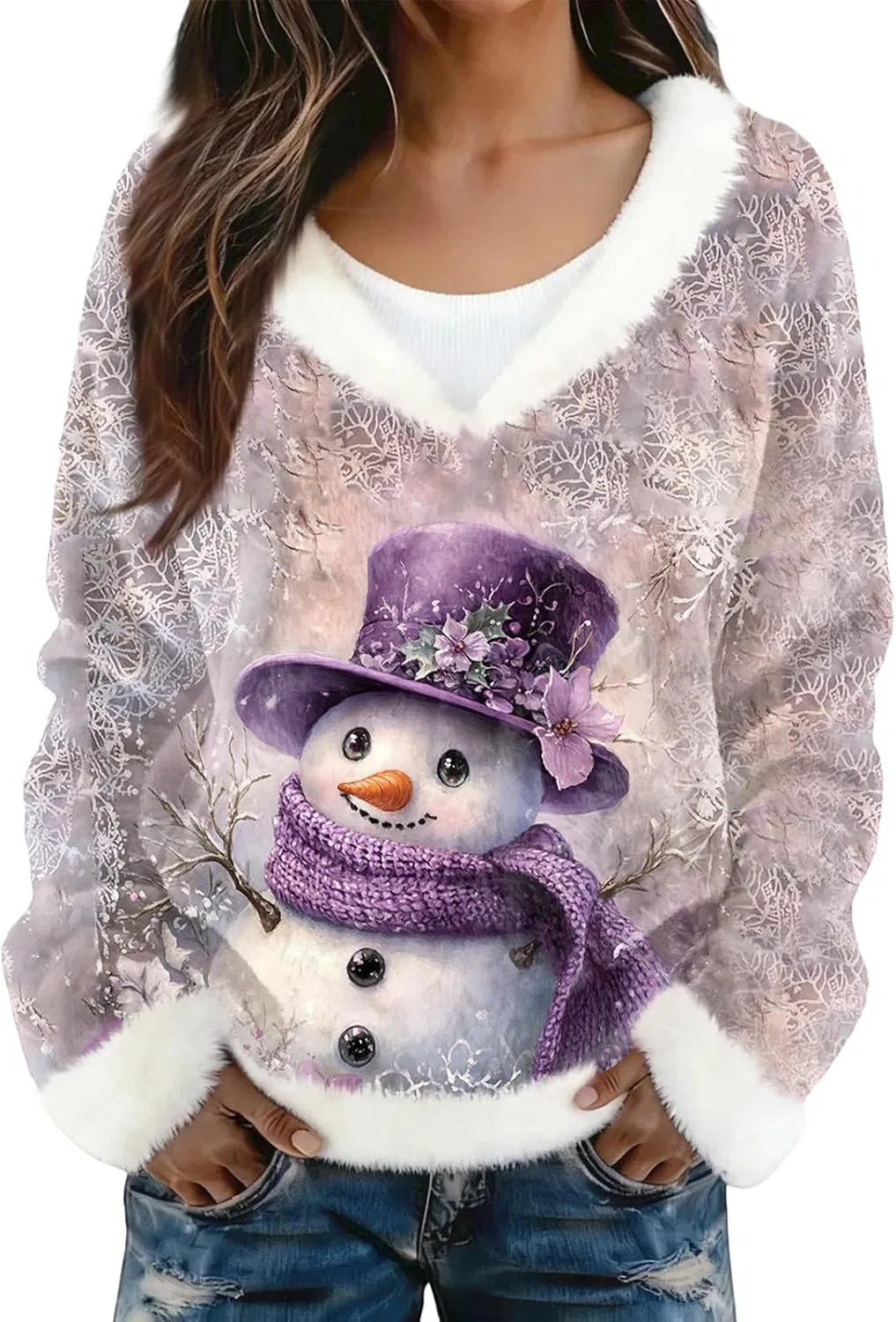 Женский свитшот с длинным рукавом Faux Fur Trim, фиолетовый — фото 4
