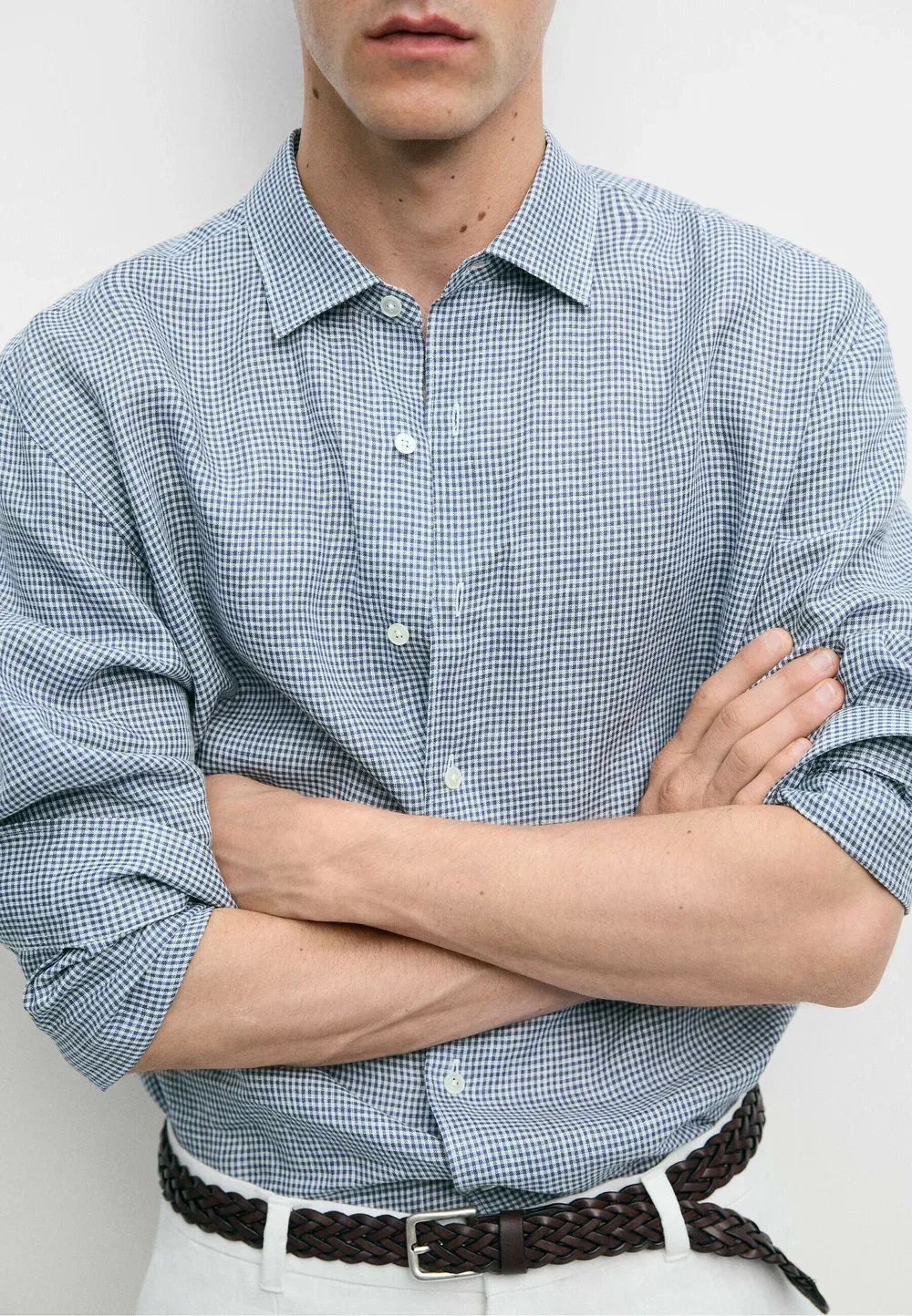 Рубашка в клетку, 100% лен, стандартный крой Massimo Dutti, Mottled Dark Blue — фото 4