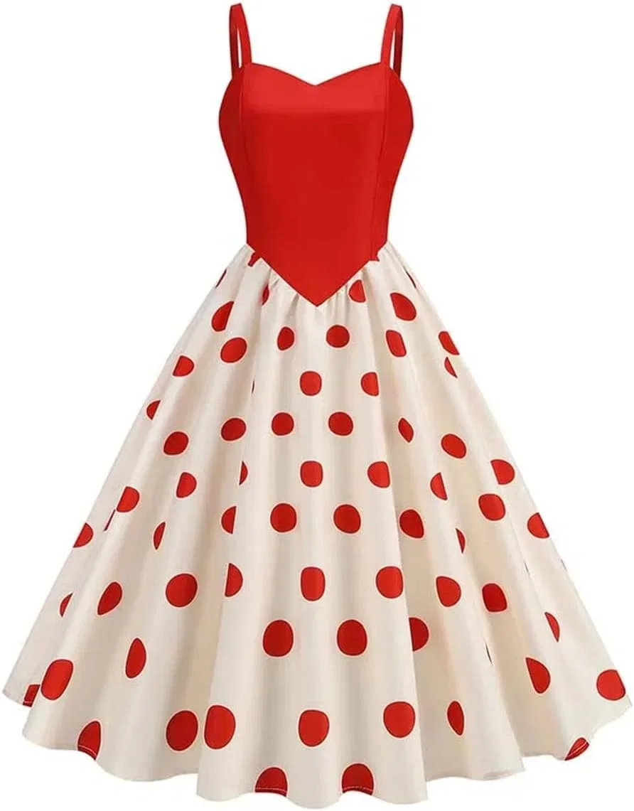 Женское винтажное платье с горошком Sleeveless, Red