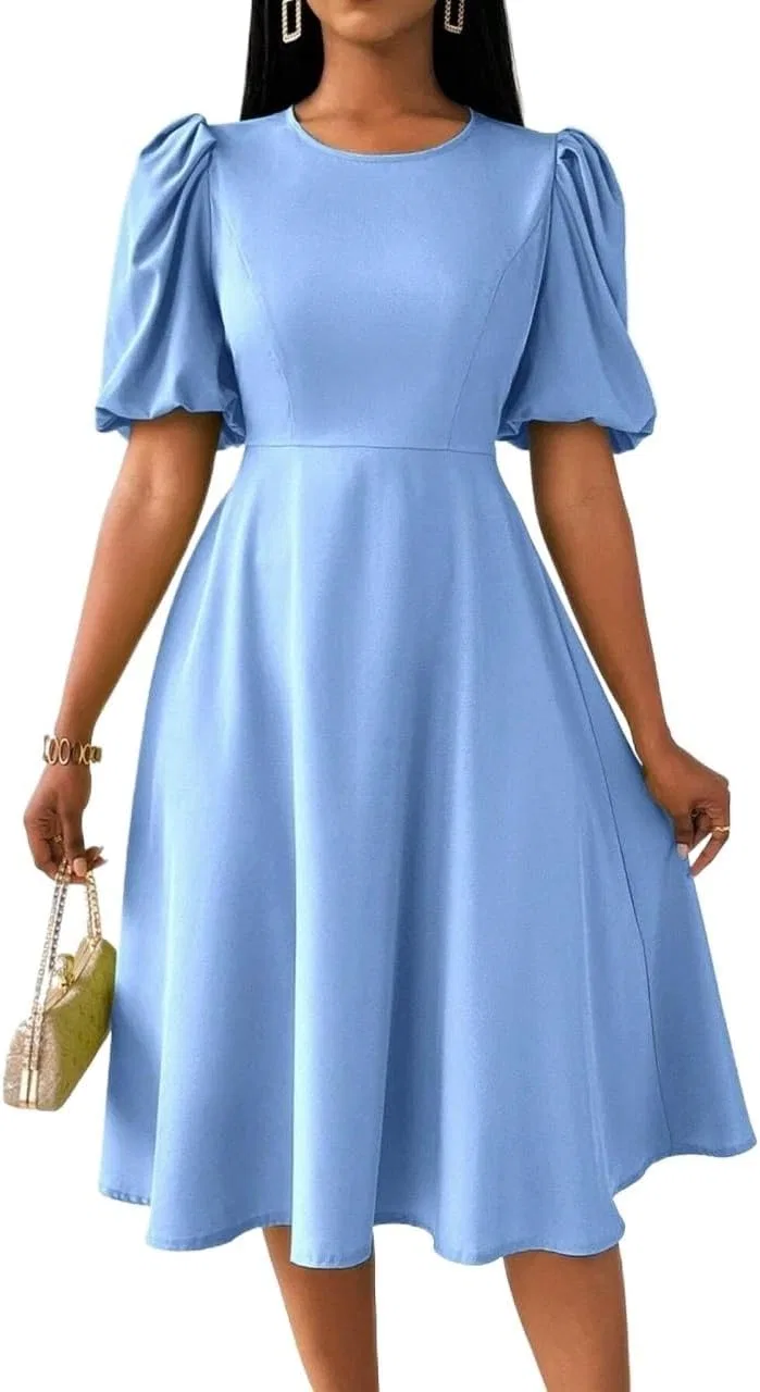 Женское платье миди с пышными рукавами A-line, Blue