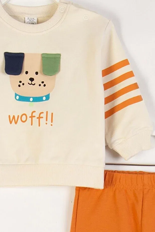 Детский комплект спортивного костюма для мальчиков с принтом Dog Printed Ear Detailed Ww Waka Waka Kids Store, Nude Color — фото 3