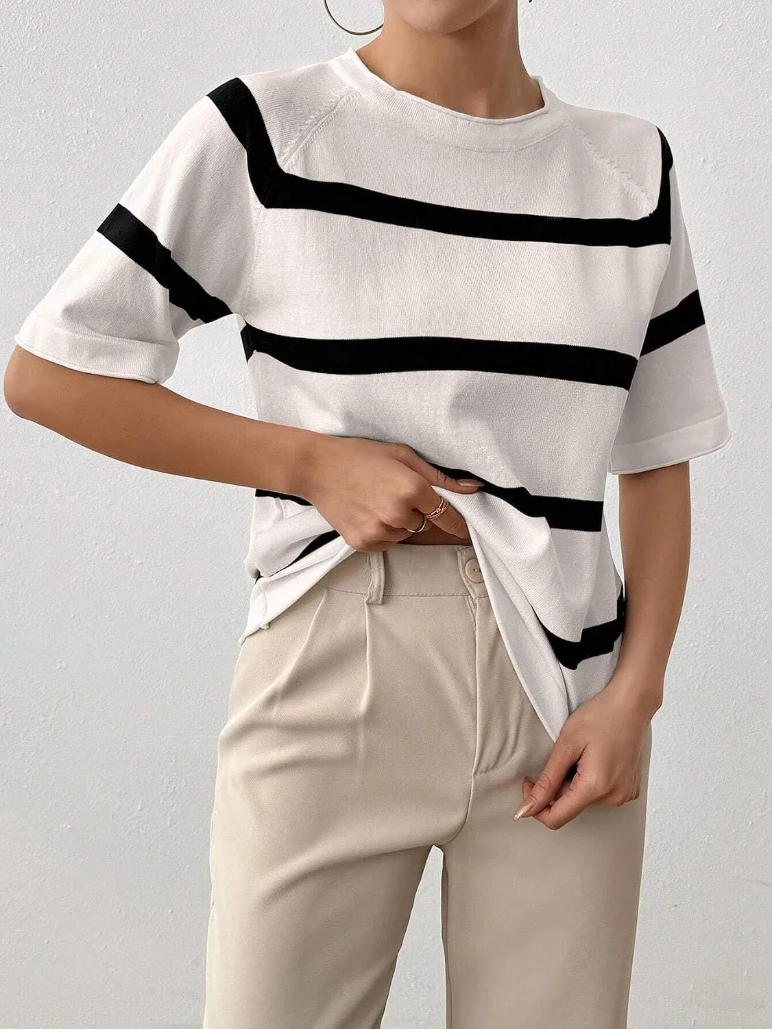 Женский свитер-пуловер с принтом, Casual Colorblock Striped Short Sleeve Knit Pullover Sweaters for Women, белый — фото 4