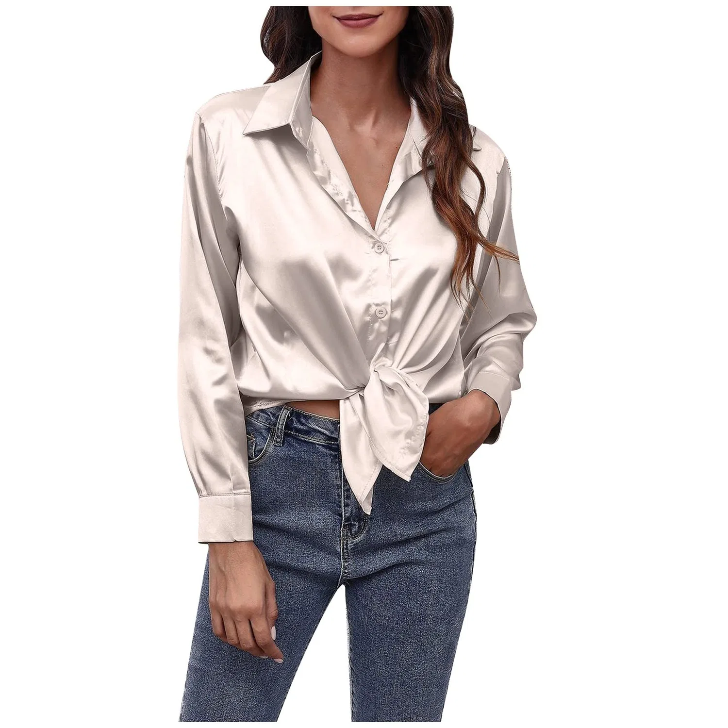 Женская блузка из атласа с длинным рукавом V-образным вырезом, Beige-b — фото 3