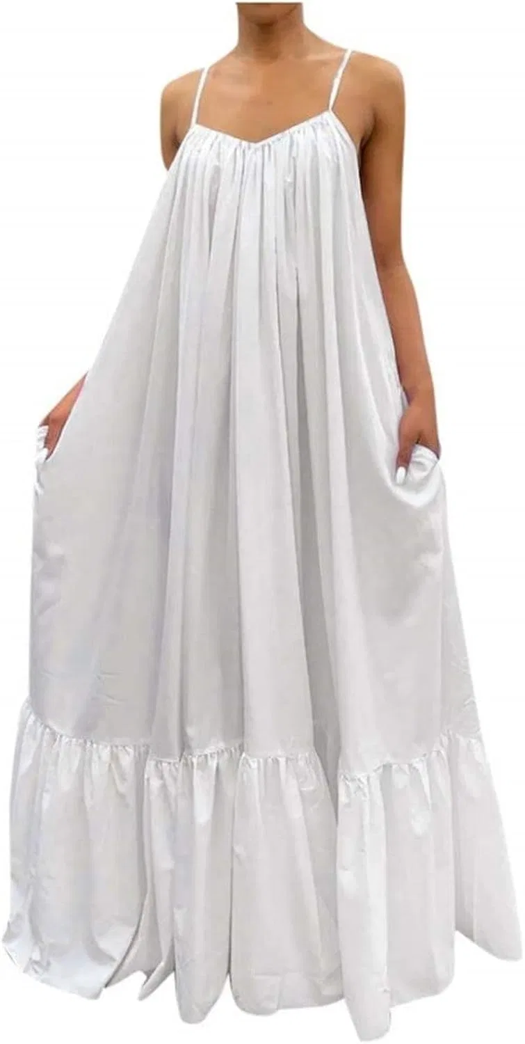 Женское платье-трапеция с рюшами, рушевая кайма, Oversized Loose Long Maxi Swing, белый
