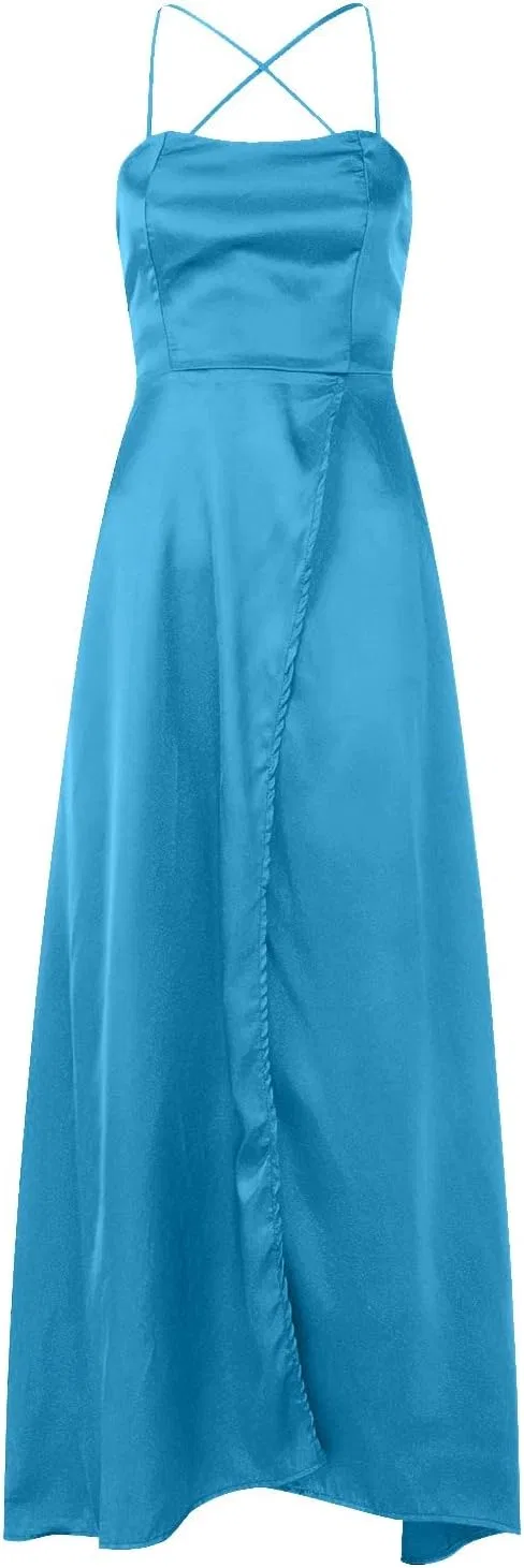 Женское вечернее платье на бретелях с карманами Satin, 1b-blue — фото 3