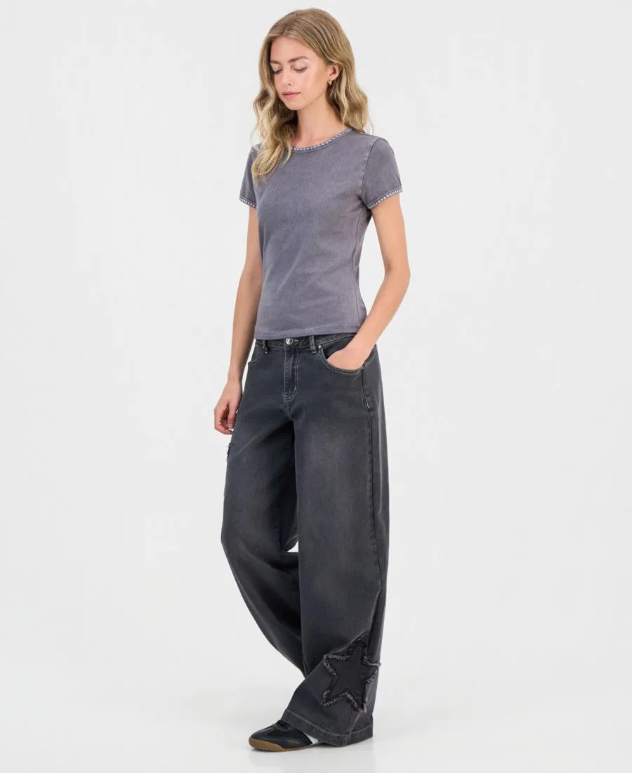 Джинсы с завышенной талией и принтом звезд, модель Star Patch High Rise Wide Leg Jeans Madden Girl, Washed Black — фото 4