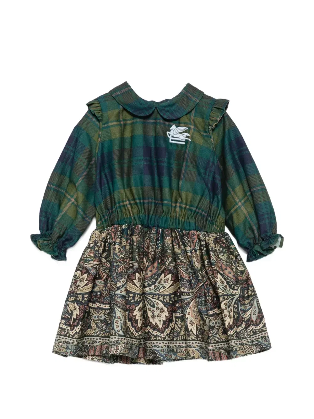 Платье с длинными рукавами в клетку и с принтом пейсли Etro Kids, зеленый