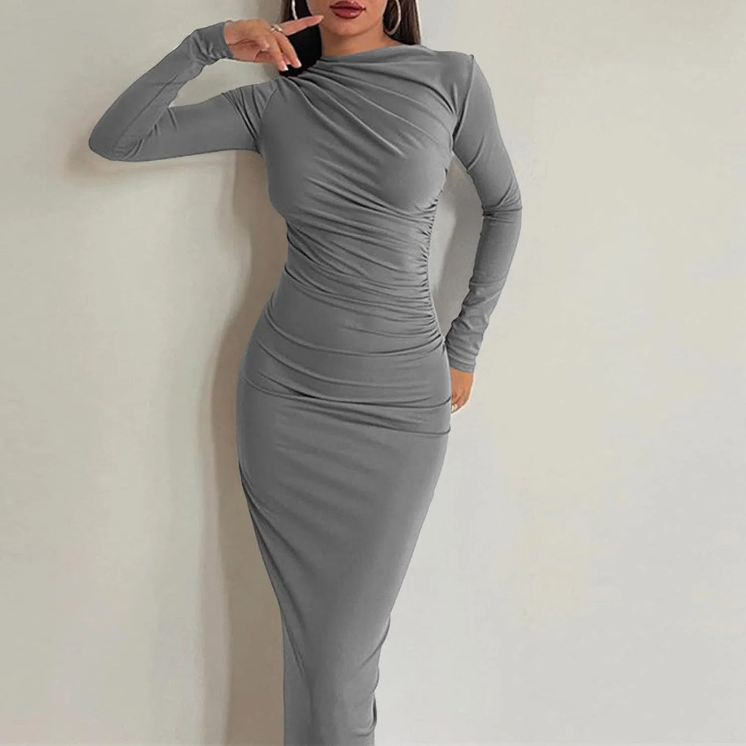Женское облегающее платье с длинным рукавом Y2k, Gray — фото 3