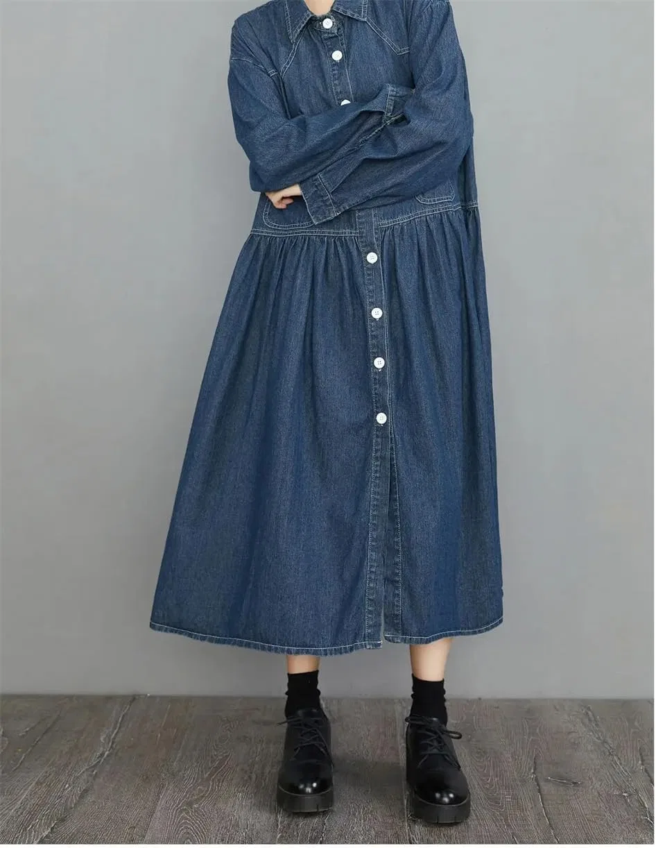 Женское джинсовое платье миди A-силуэта с рюшами, Dark Blue — фото 3