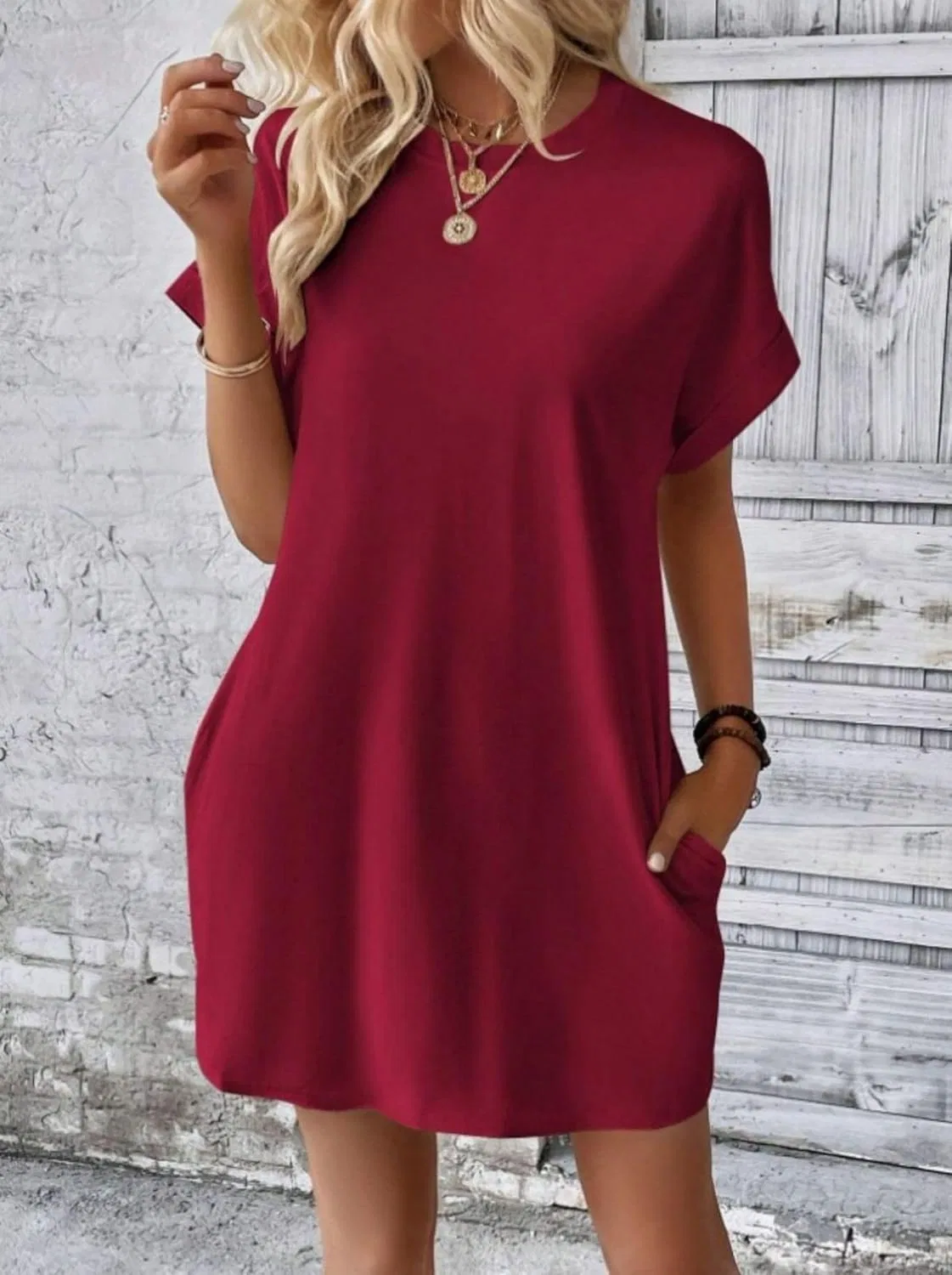 Женское платье-футболка А-силуэта с карманами Generic, Wine Red — фото 4