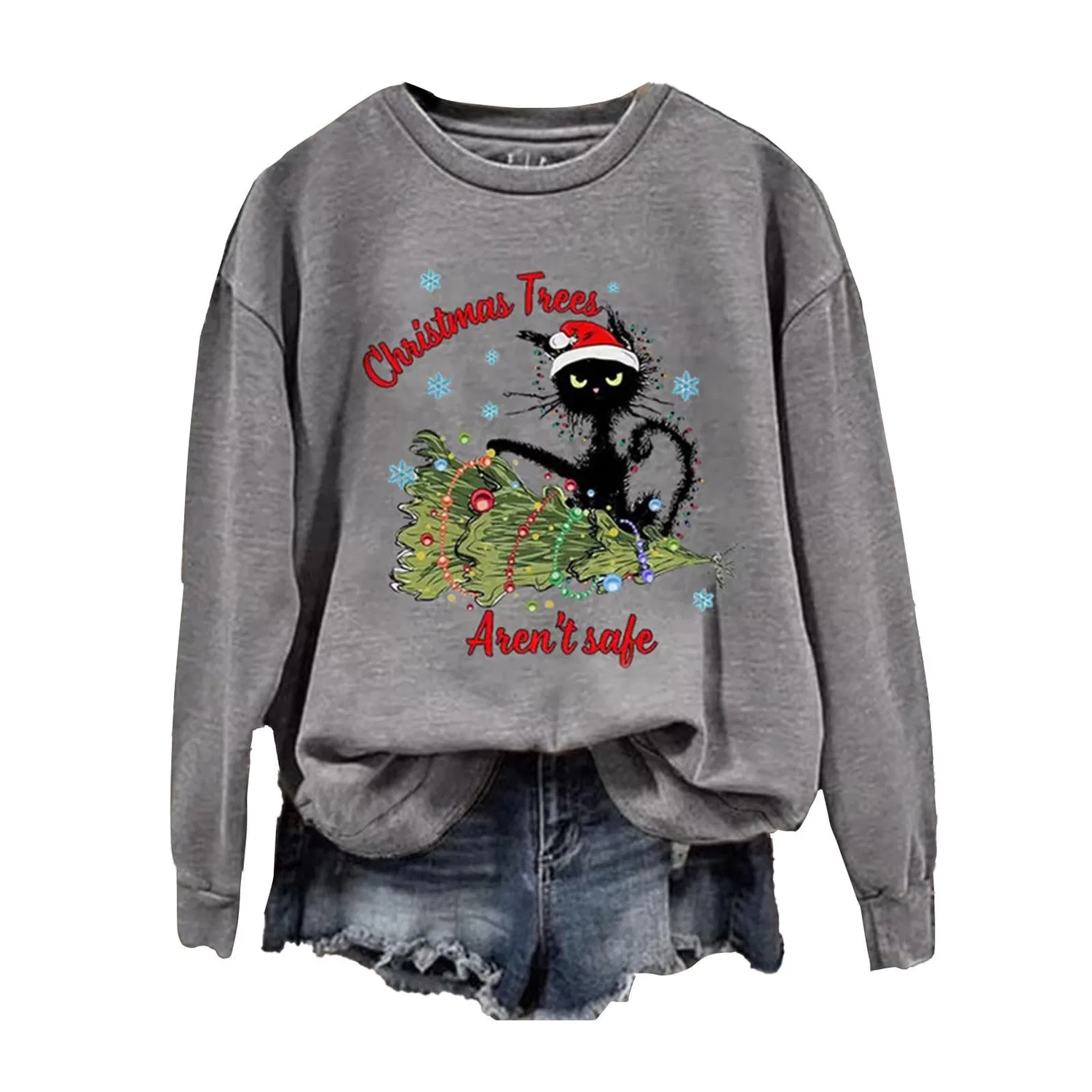Женский свитшот с принтом Christmas Tree Funny Cat Say What Woman Pullover, Z01 Grey