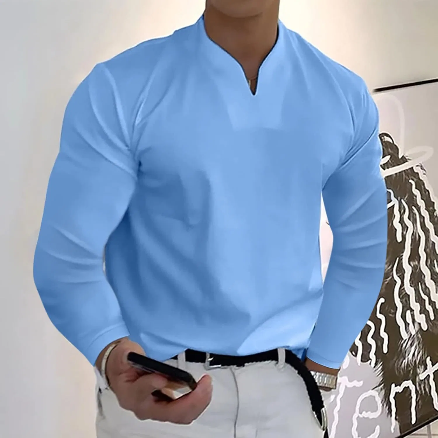 Мужская футболка с V-образным вырезом длинным рукавом, 2-light Blue — фото 2